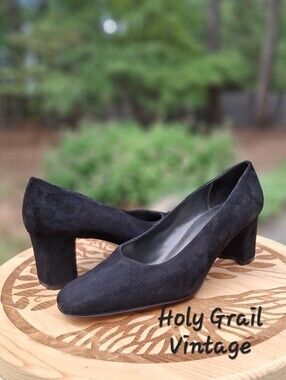 Vintage 90's Ann Marino Black Sude Square Toe Block Heel Pumps Size 7.5